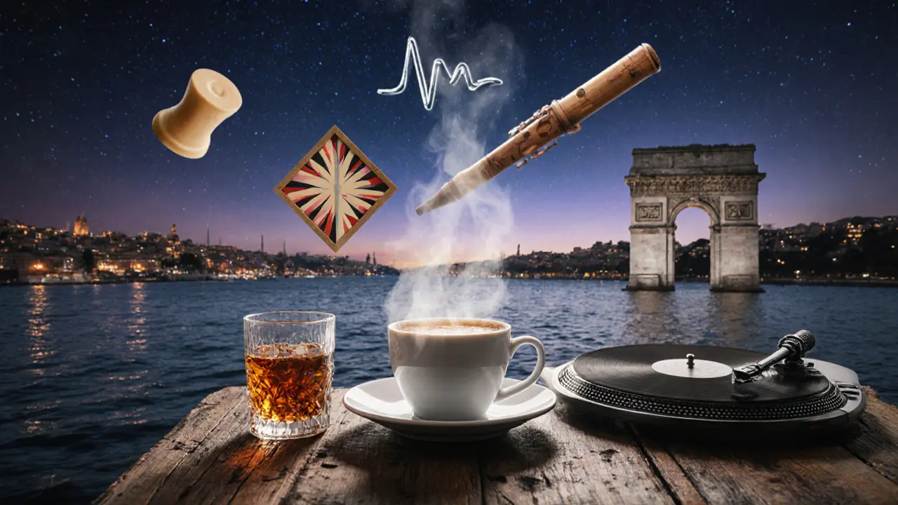 A glass of rakı and Turkish coffee floating amid cultural symbols dissolving into starlit Bosphorus lights.