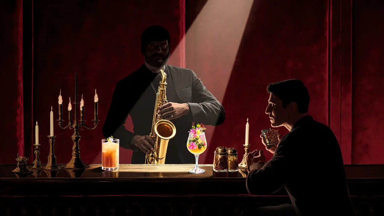 An intimate velvet-lined bar with a saxophonist playing under soft light, guests enjoying handcrafted cocktails.