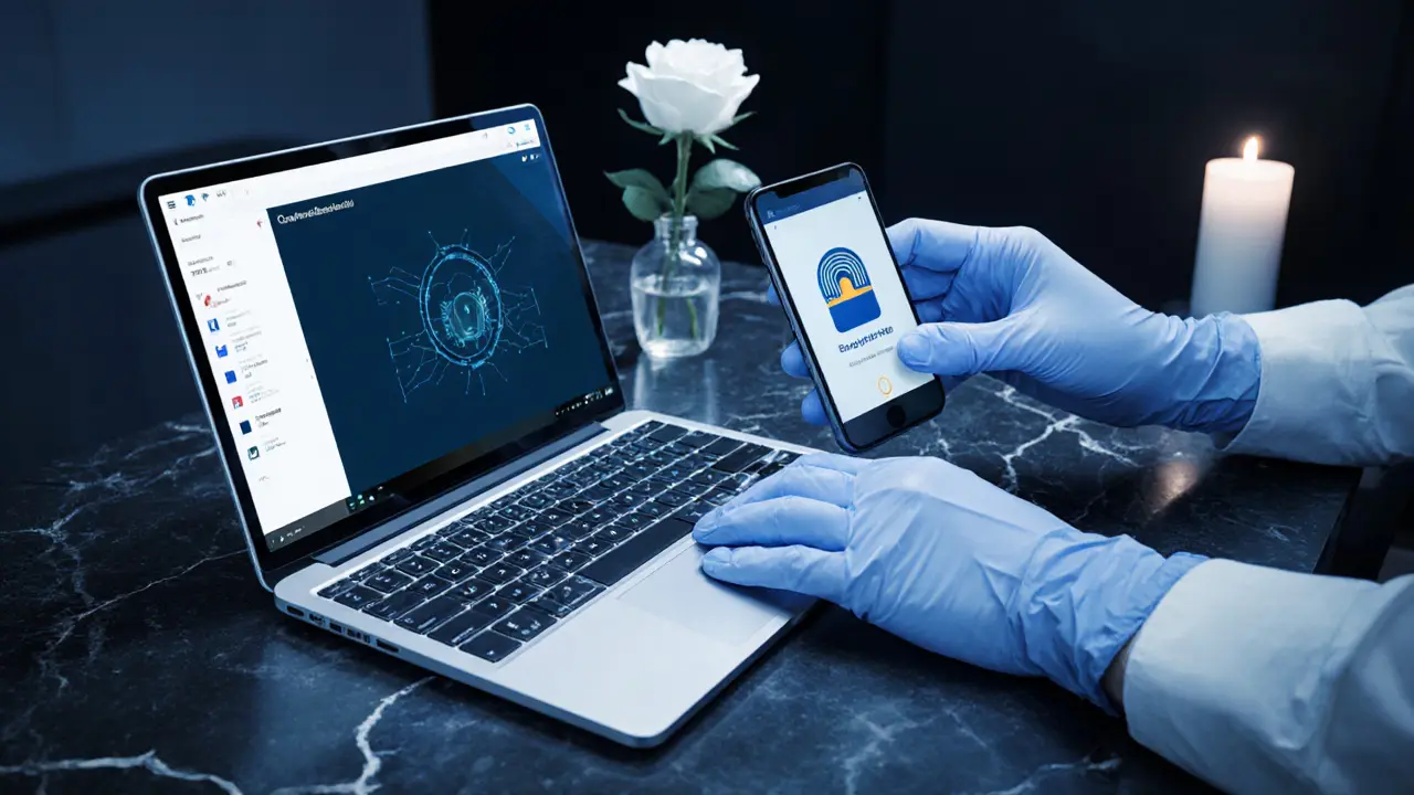 Close‑up of laptop, phone, and security token on a dark surface with a candle and roses.