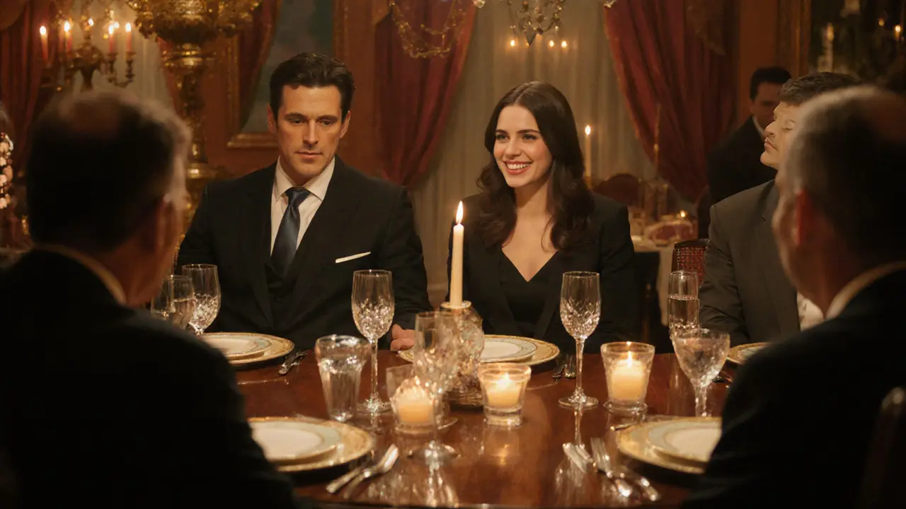 Companion seated beside client at a luxurious dinner, introducing them to business partners under candlelight.