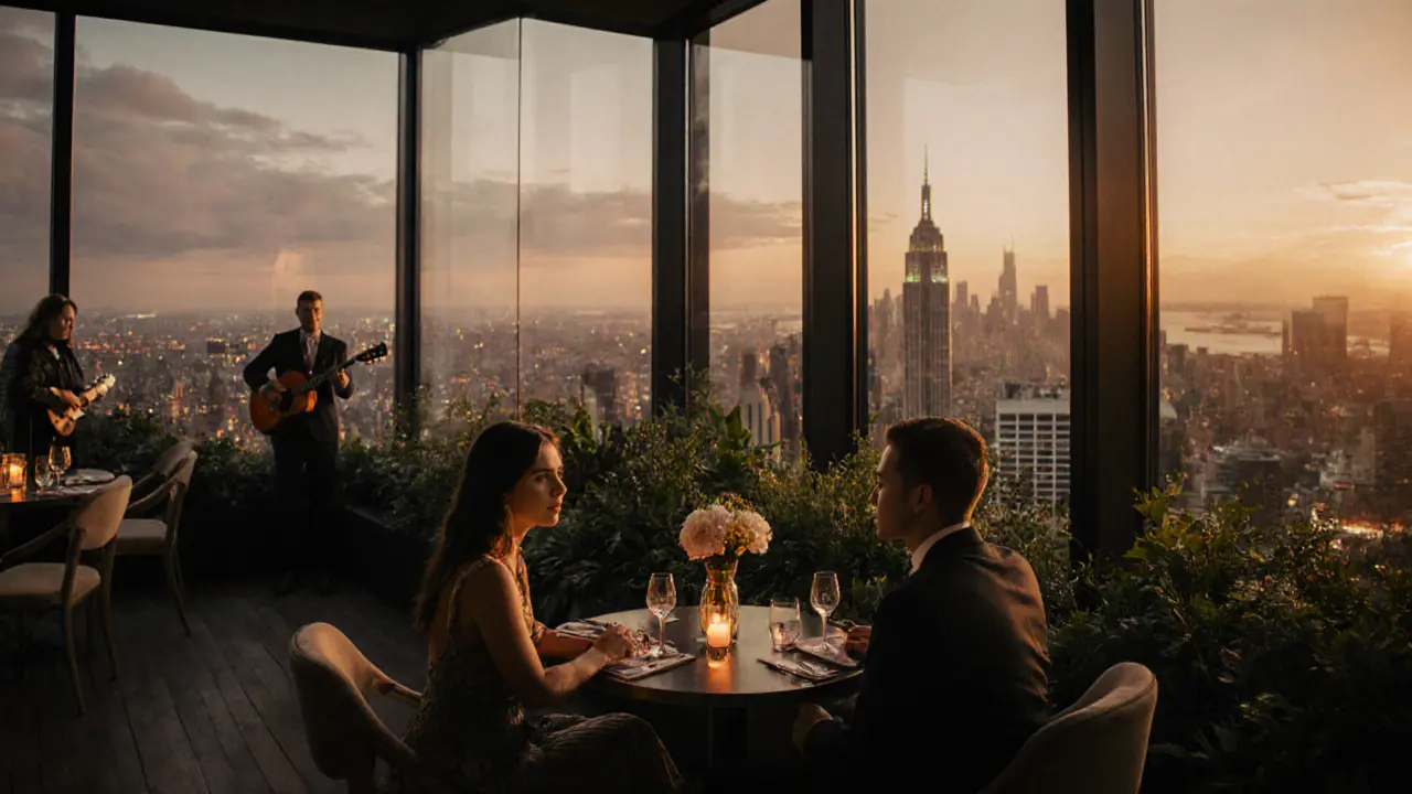 Couple at a private table on Sky Garden rooftop bar overlooking sunset city skyline.