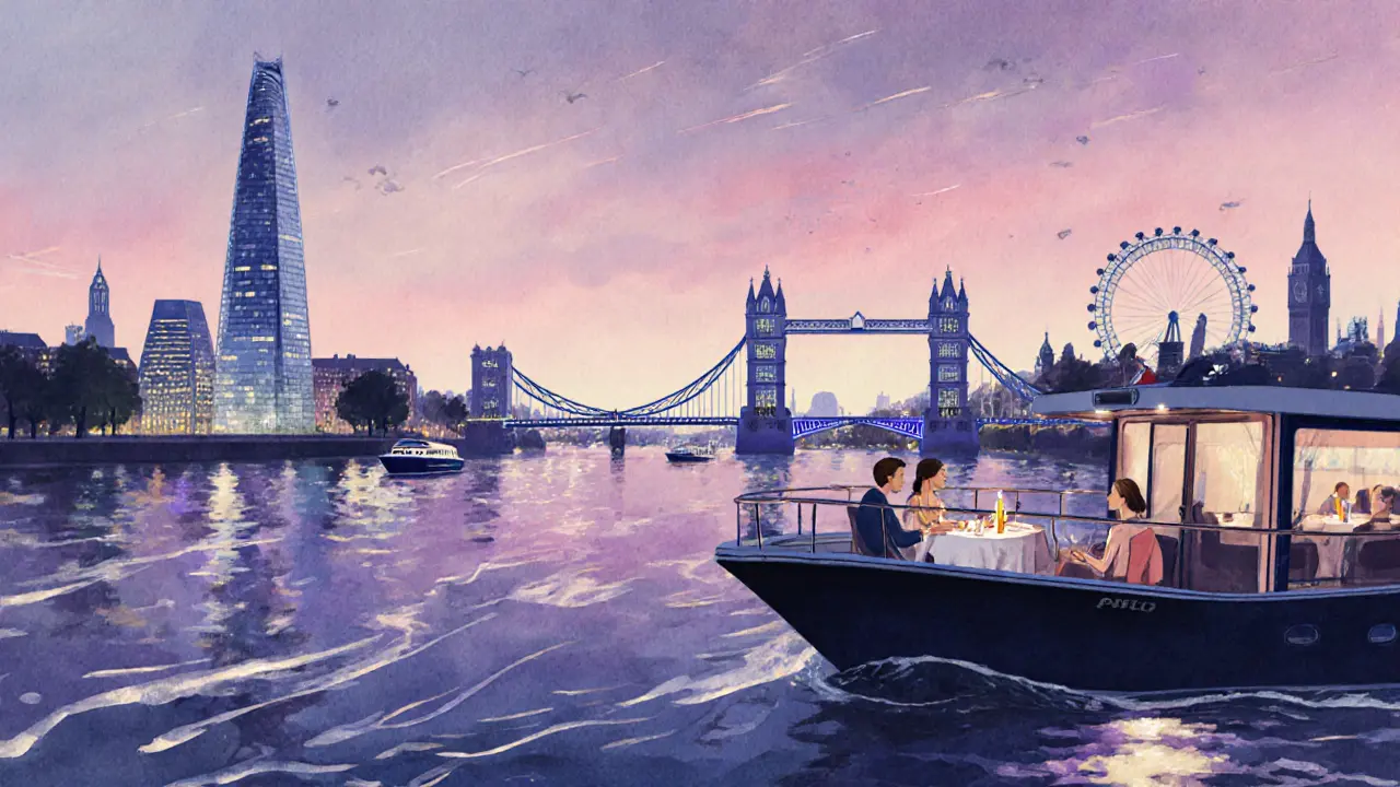 Couple dining on a Thames cruise boat with London skyline lights reflected in the water.