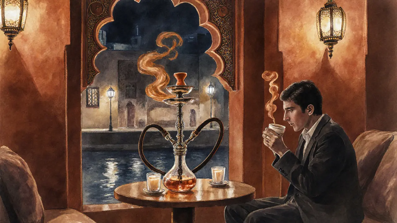 Cozy AlSeef shisha café at night with glowing lanterns and a smoking pipe.