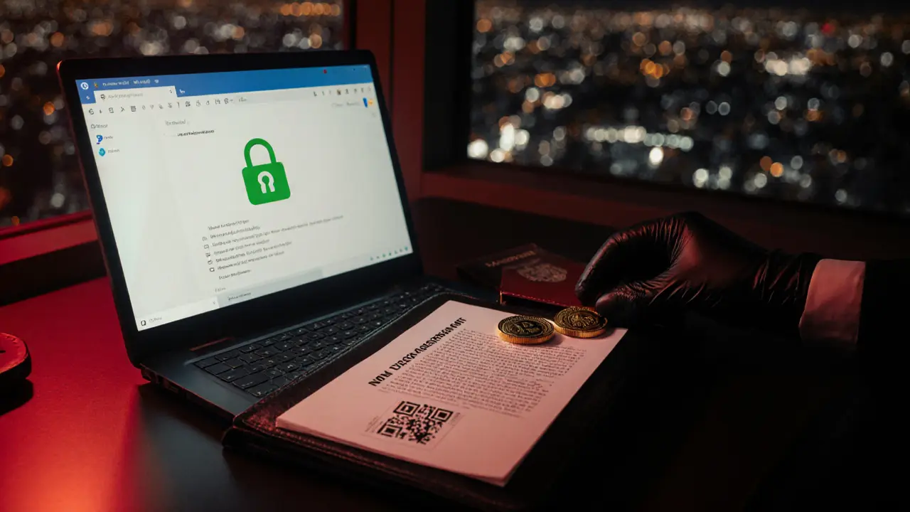 Dark office showing encrypted chat on laptop, NDA paperwork, and crypto QR code.