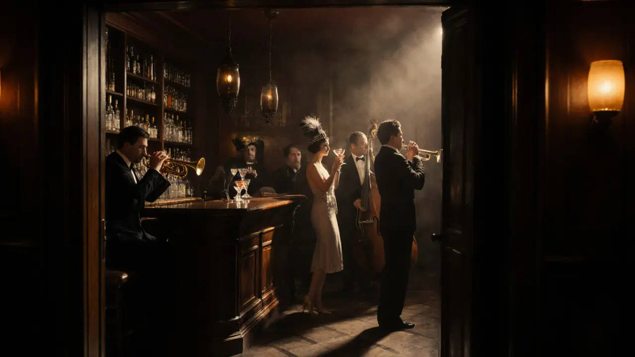 Dim 1920s speakeasy interior with jazz band, flapper guests, and hidden bookshelf entrance.