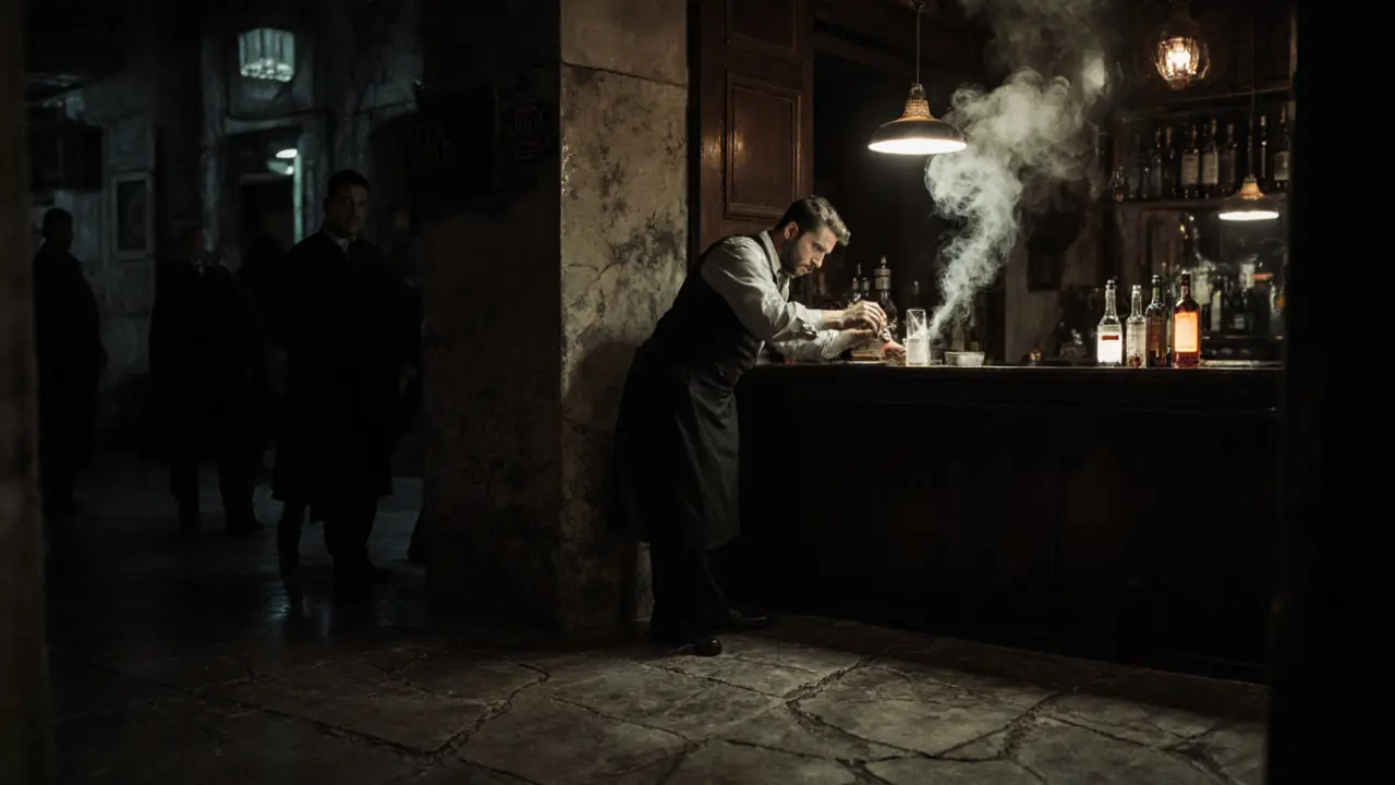 Dimly lit Le Bistro in Çiçek Pasajı at 2 a.m., bartender pouring raki under vintage lighting.
