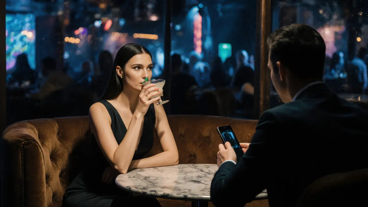 Discreet meeting in a Friedrichshain lounge between a client and a well‑dressed escort.