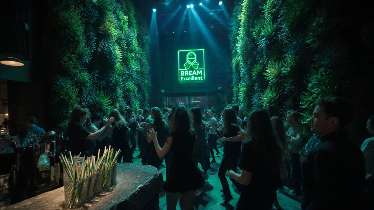 Eco club interior with vertical succulent gardens, motion‑sensor LED lights, dancing crowd.