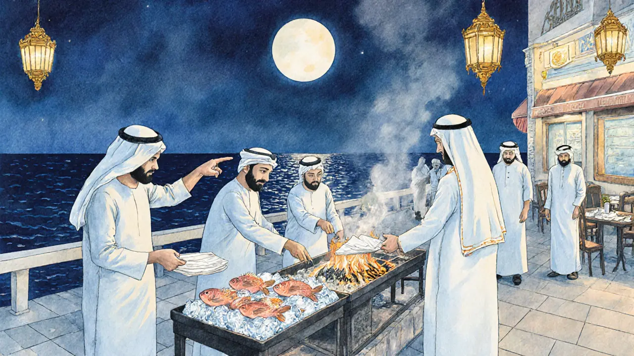 Fishermen grilling fresh seafood by the Corniche at night, moonlight reflecting on the water.