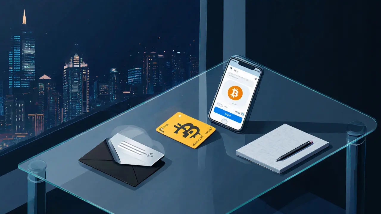 Flat‑lay of phone, virtual card, crypto logo, and envelope suggesting secure payment.