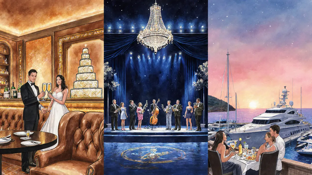 Illustrated itinerary showing hotel bar, casino lounge, and sunrise yacht club.