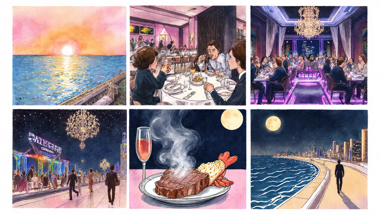 Illustrated night itinerary: rooftop drinks, dinner, clubs, shawarma, Corniche walk.