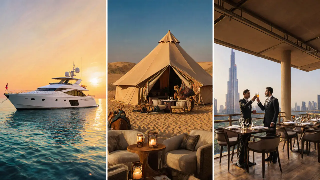 Illustration of yacht, desert safari, and upscale restaurant with elegant companion.