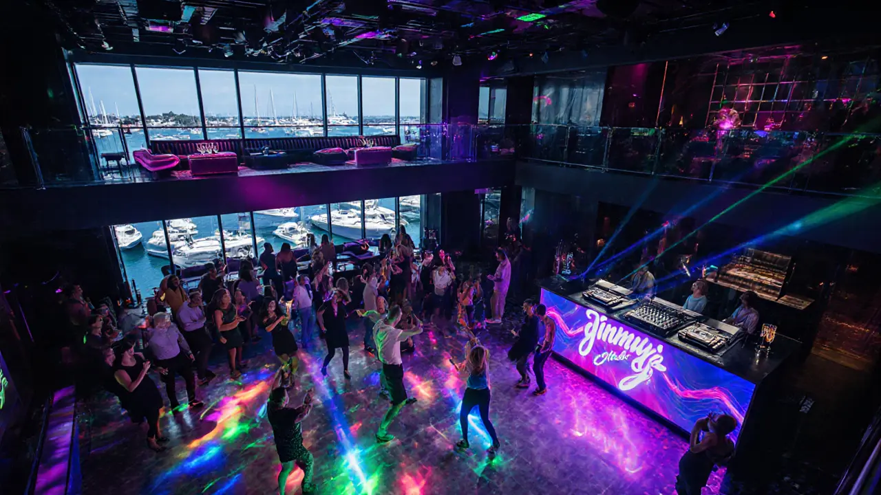 Inside Jimmy’z Club, a crowded dance floor with VIP balcony overlooking the harbor.