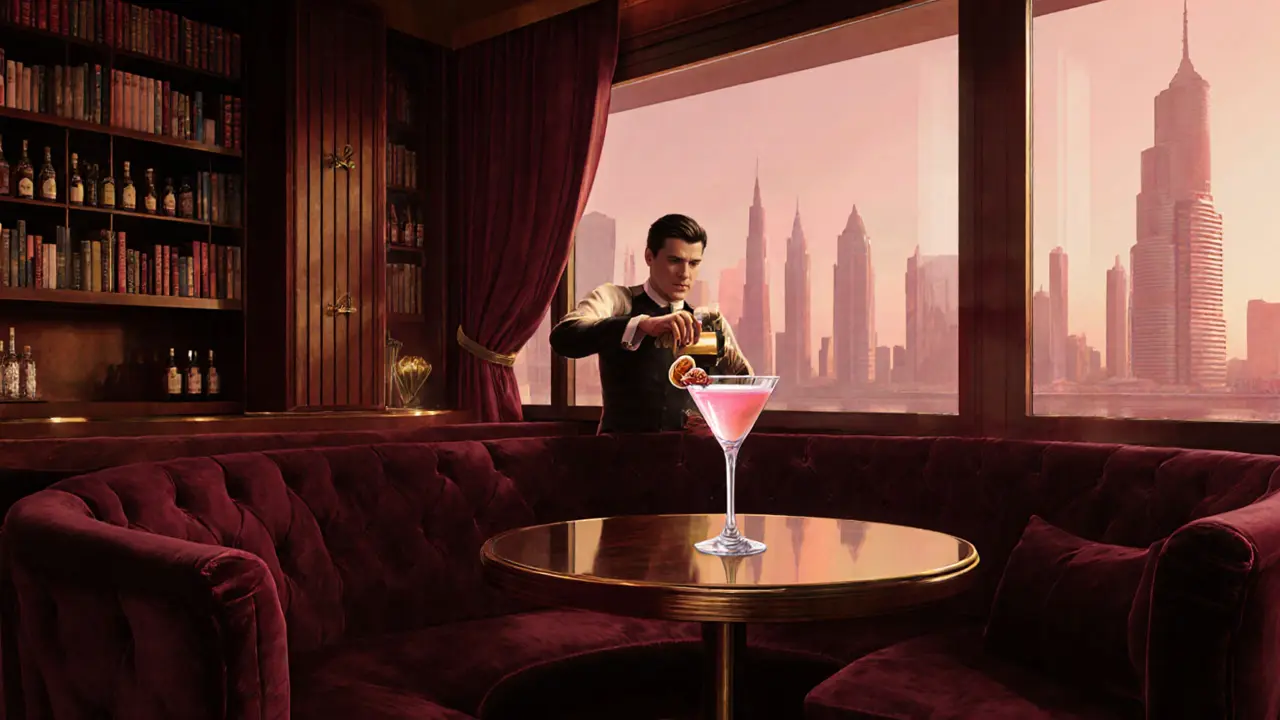 Interior of Bar BZ lounge with plush décor and a Desert Rose Martini on the bar.