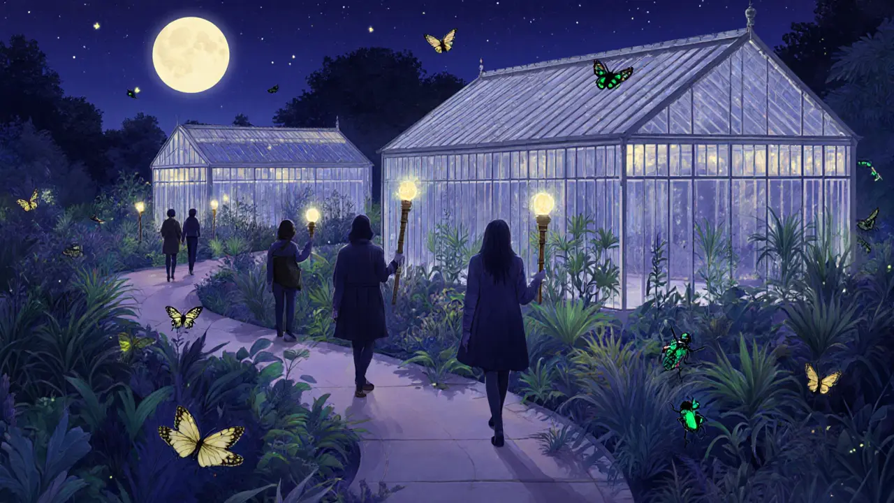 Kew Gardens night tour with illuminated glasshouses, bamboo torches, nocturnal insects.