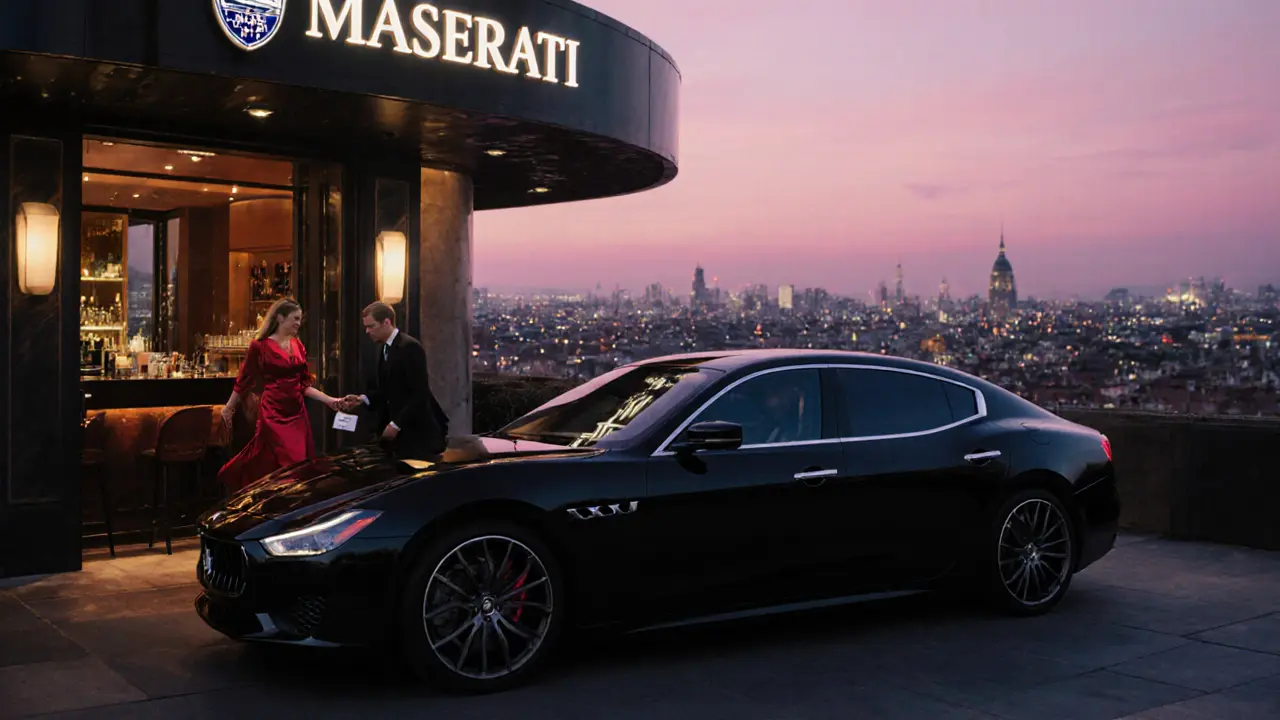 Limousine arrives at a Michelin‑star restaurant rooftop with companion and concierge.