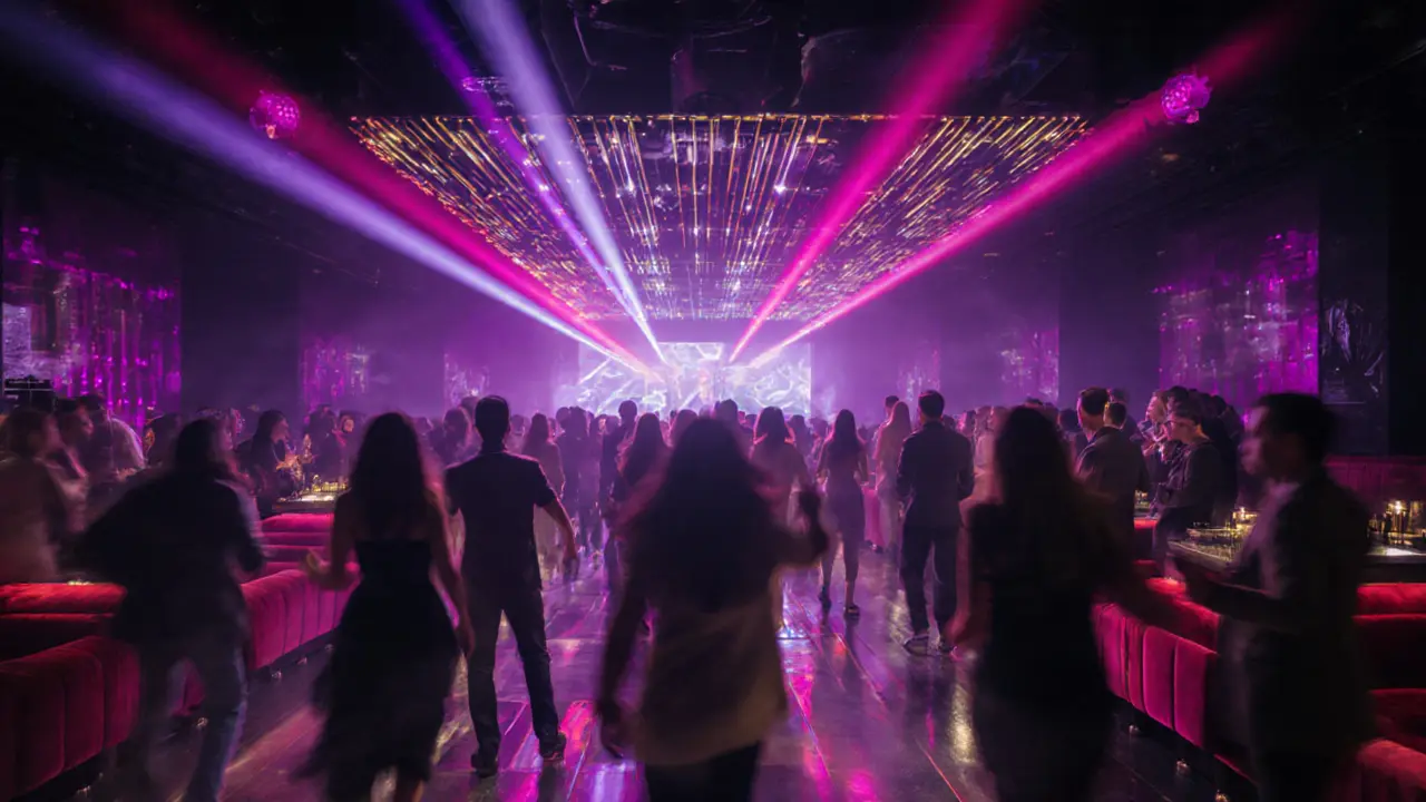 Luxurious Cavalli Club interior with neon lighting and a dancing crowd.