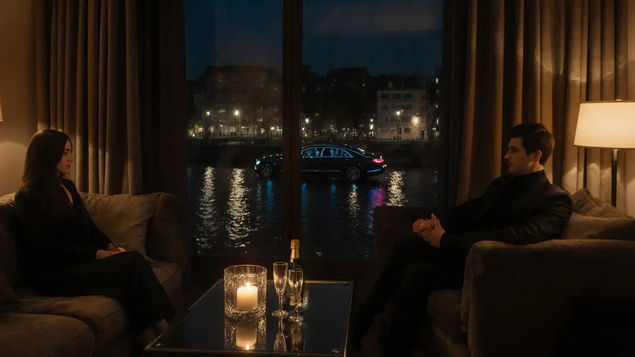 Luxurious hotel suite scene with champagne, a view of the Spree, and a private car outside.