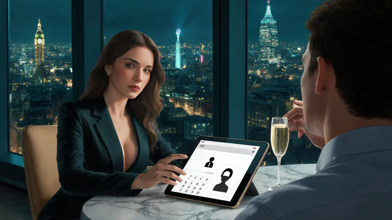 Luxurious loft interior where a companion reviews a tablet with discreet icons.