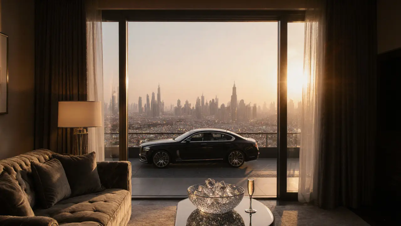 Luxury hotel suite with city view, champagne glass on sofa, and black car outside.