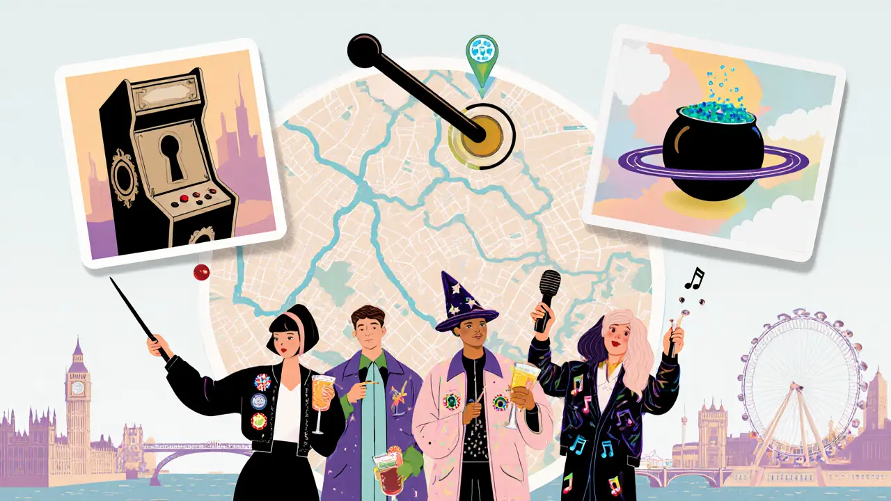 Map‑style illustration of five themed bars with friends dressed for each theme.