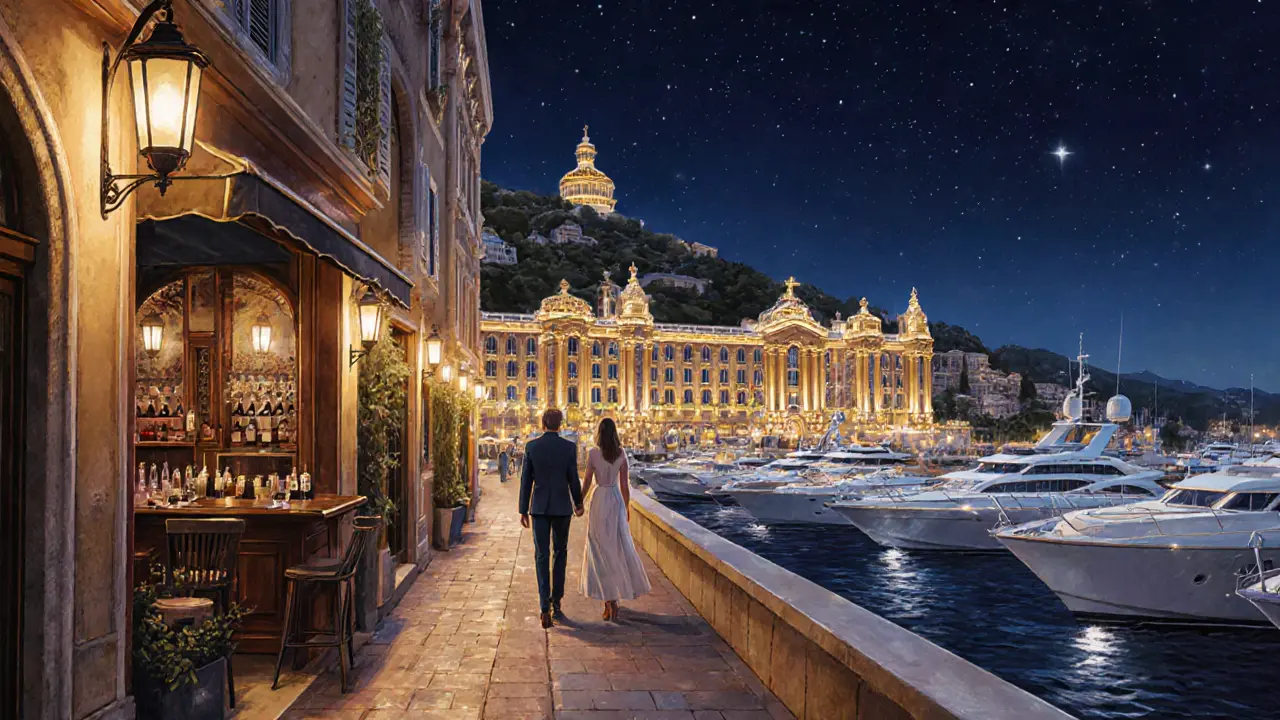 Nighttime promenade featuring glowing superyachts, lantern-lit streets, and the Casino de Monte‑Carlo façade.