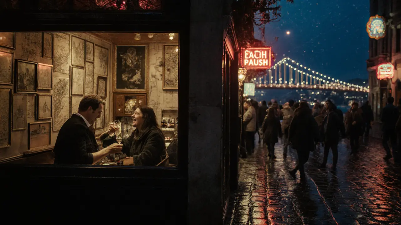Nighttime street in Beyoğlu with neon reflections, a vintage bar window revealing maps and patrons enjoying drinks.