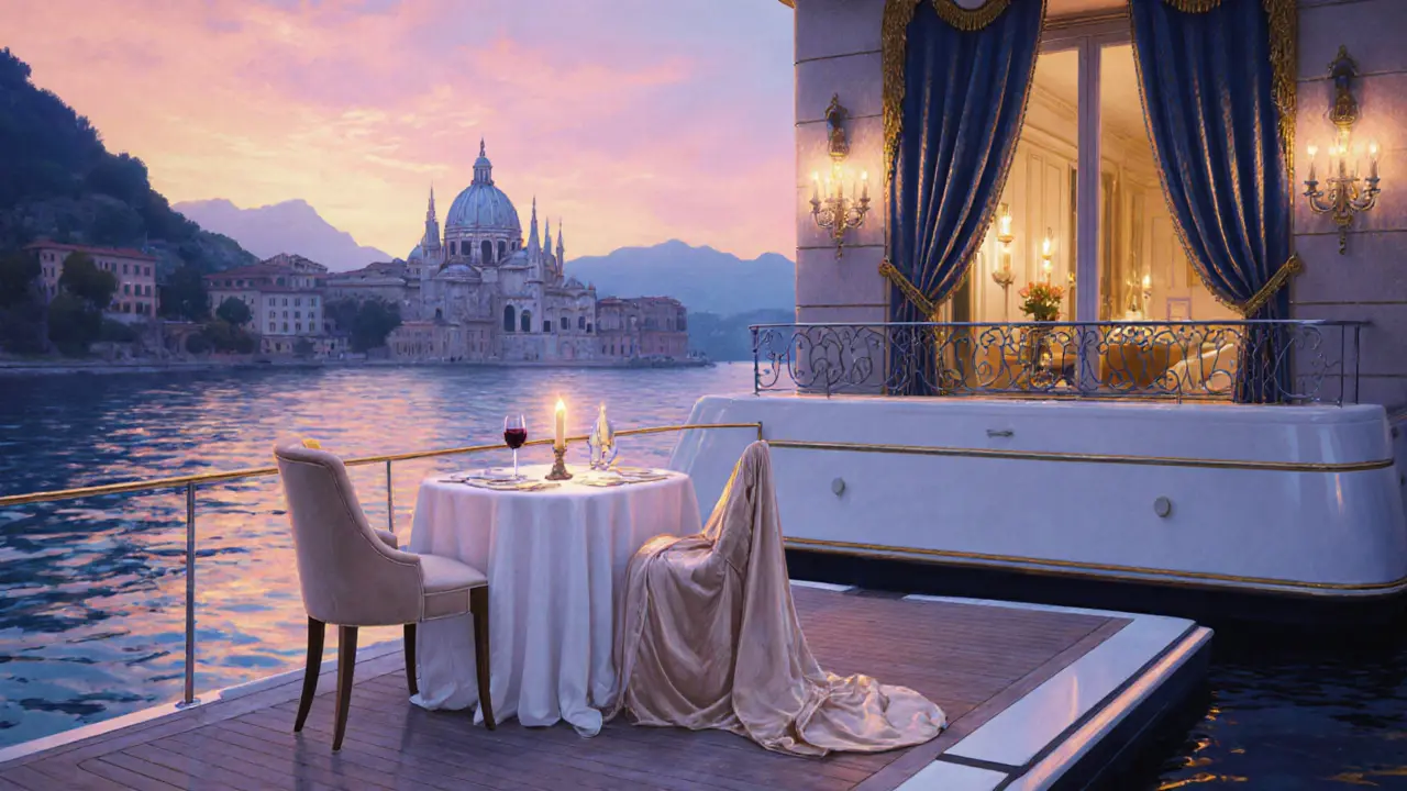 Private yacht at sunset on Lake Como with companion and lavish suite balcony view.