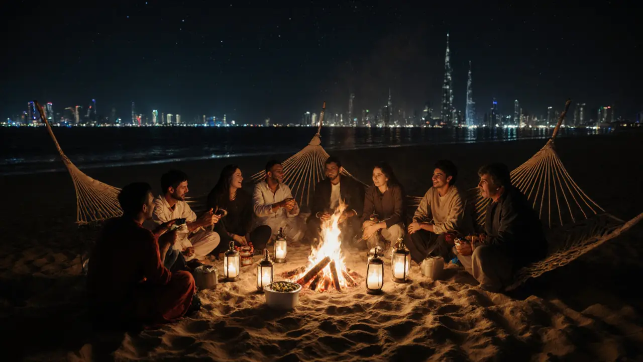 Quiet beach bonfire at night with people relaxing under stars in Dubai.