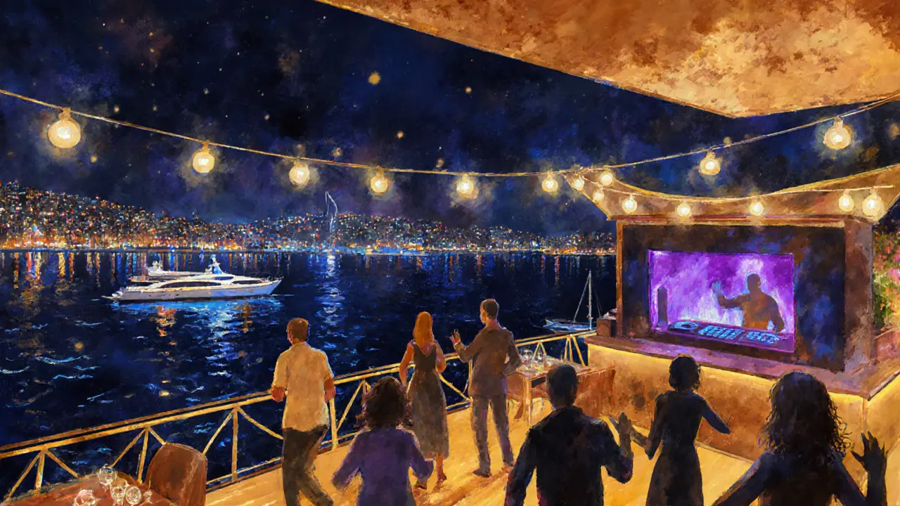 Reina nightclub terrace overlooking the Bosphorus with dancers and city lights reflecting on water.