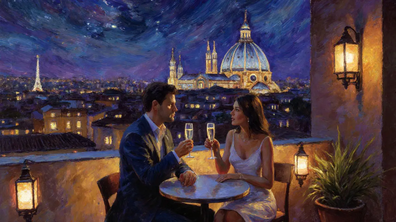 Rooftop bar at night with the Duomo visible, a couple enjoying a drink together.