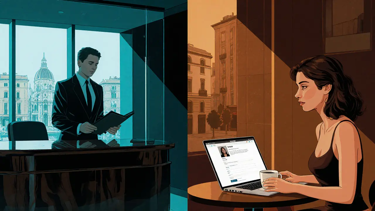 Side‑by‑side scenes of an upscale agency office and a freelance escort meeting a client in a café.