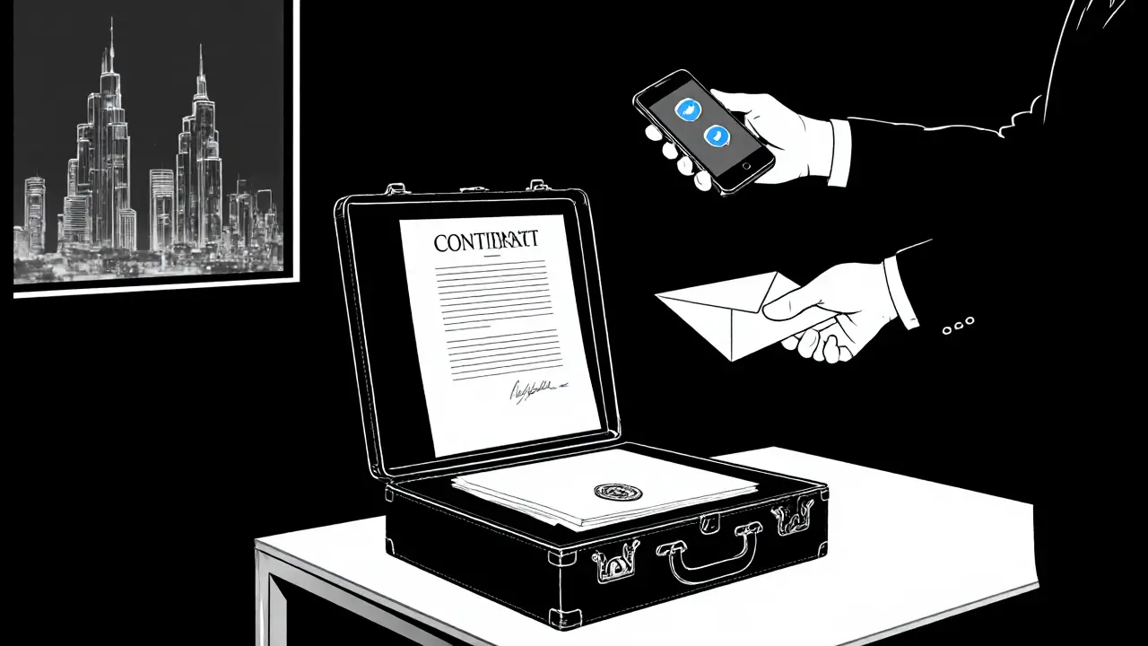 Silhouetted hands exchange a sealed envelope and a smartphone with encrypted messages in a dim office.