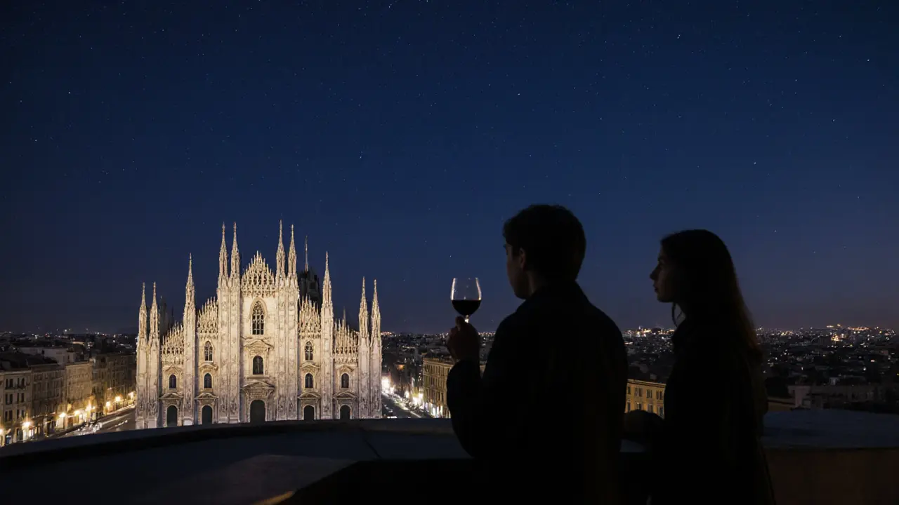Silhouettes on a Milan rooftop at night, the Duomo glowing under a starry sky, city lights below.
