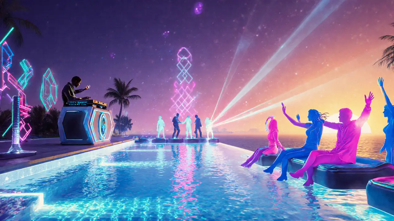 Sunrise pool party at White Dubai with DJ, neon lights, and dancing guests.