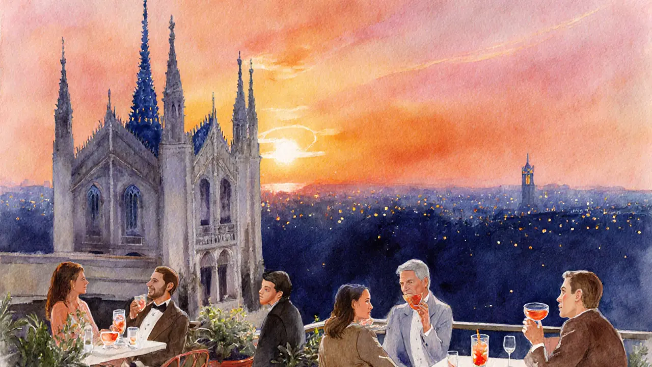 Terrazza Aperol rooftop at sunset, guests enjoying Aperol Spritzes with Duomo view.