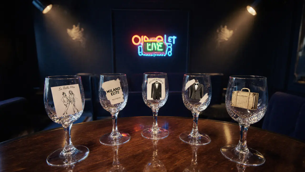 Top‑down view of five crystal glasses in a luxe lounge, each hinting at a different agency.