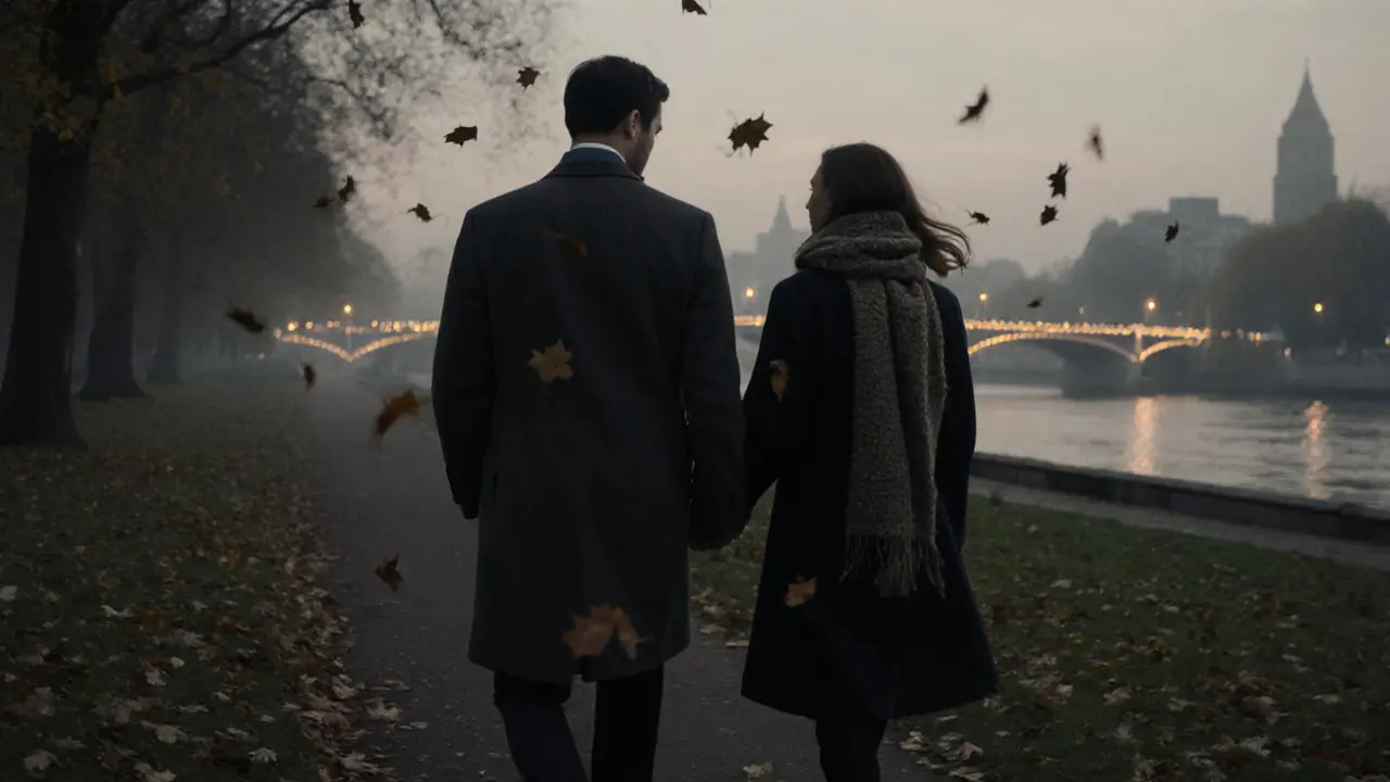 Two figures walk peacefully through Hyde Park at dusk, autumn leaves swirling around them in quiet solidarity.