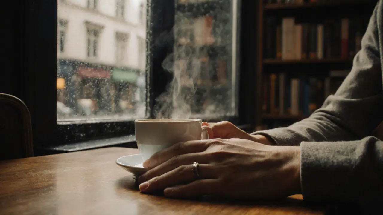 Two hands rest near a cup of coffee in a quiet bookshop, conveying connection without words or faces.