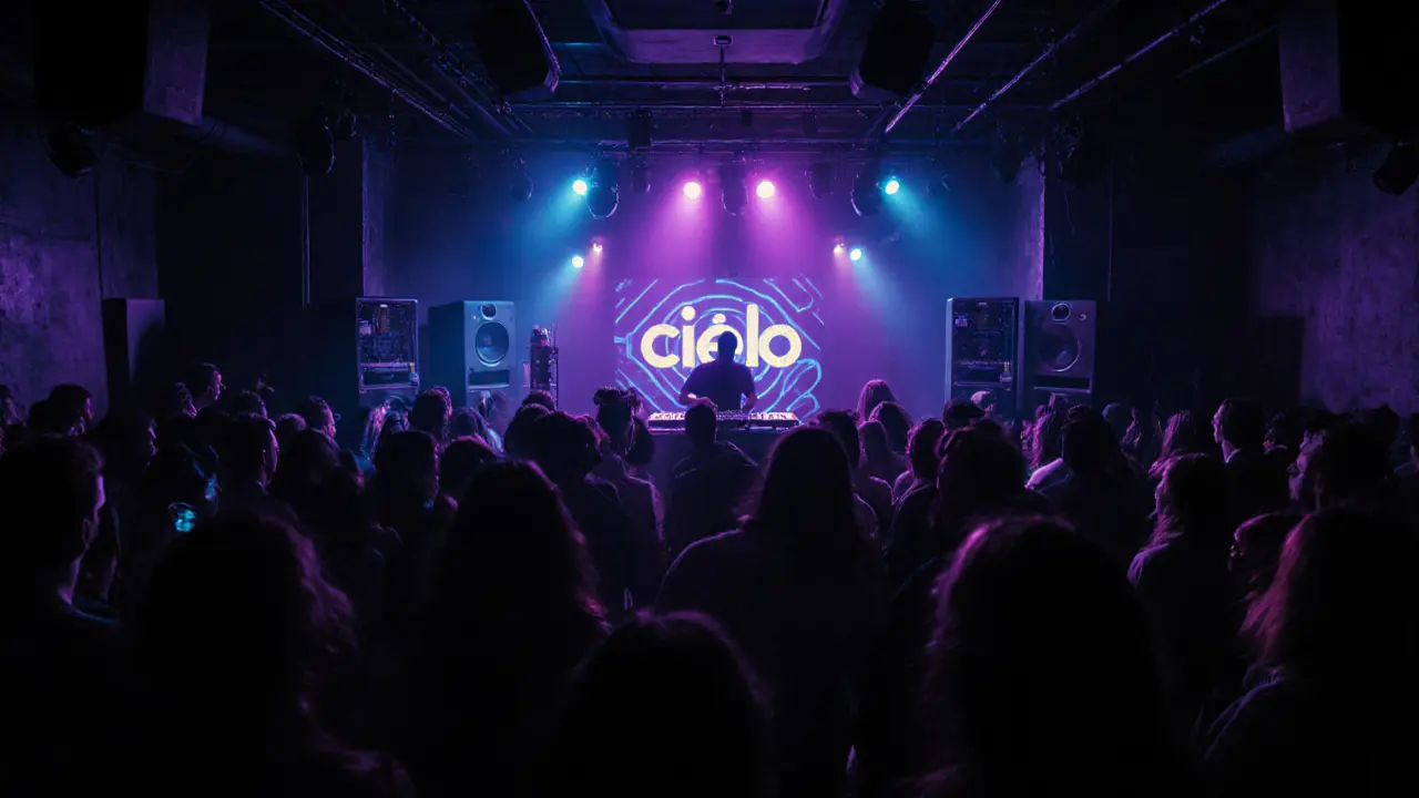 Underground techno club with moody lighting and crowd lost in music.