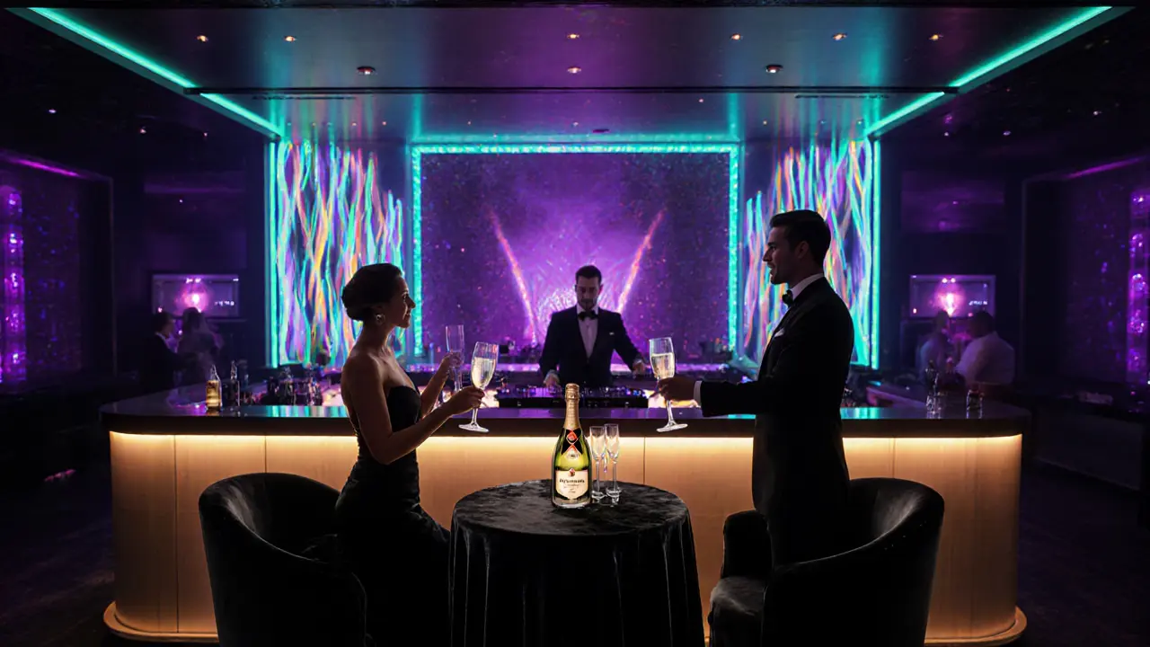 VIP table at Jimmy&#039;z Monte‑Carlo with champagne and vibrant LED lights.