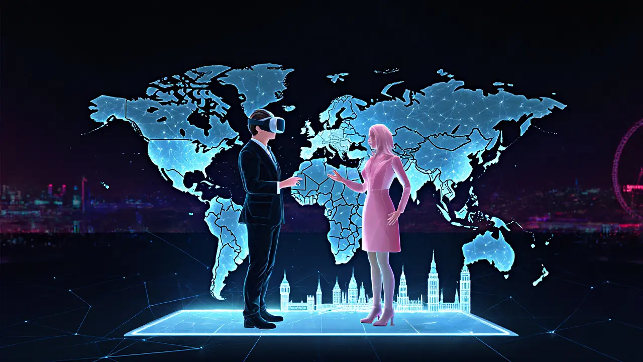 Virtual reality scene showing a client and avatar companion linked by glowing AI lines.