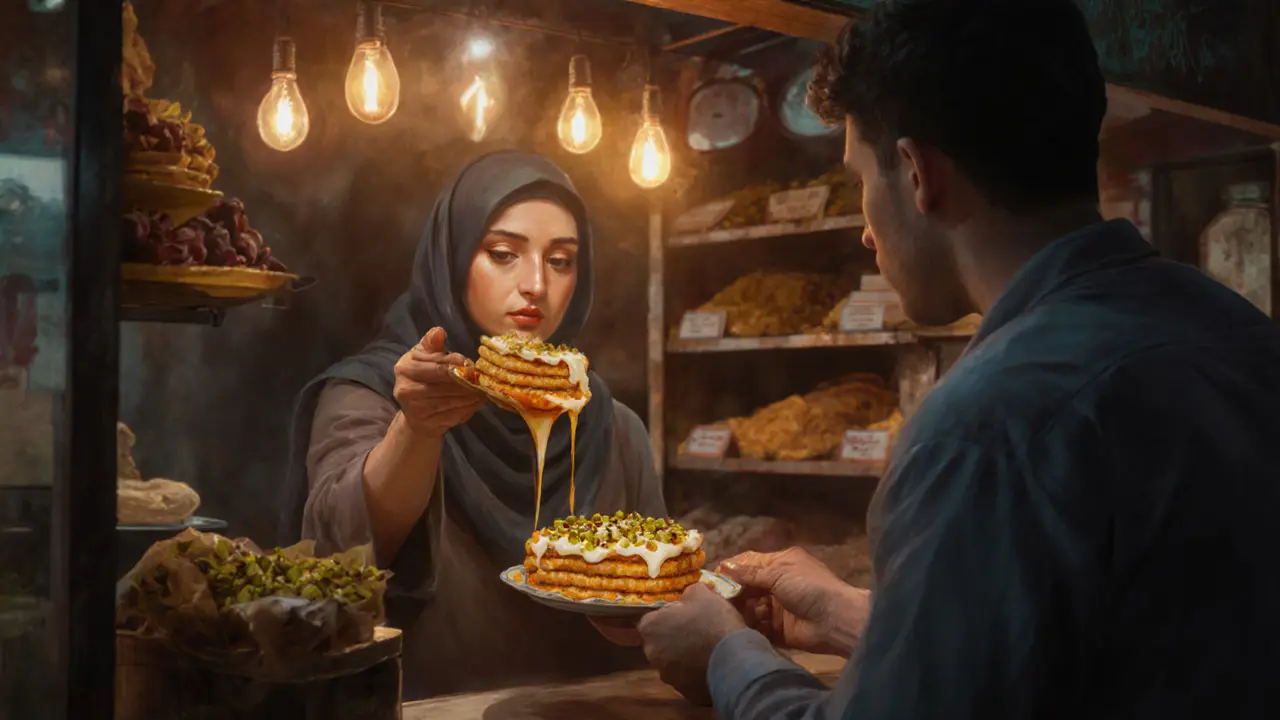 Warm kunafa being served at a small sweets shop at 2 a.m., soft glowing light and quiet atmosphere.