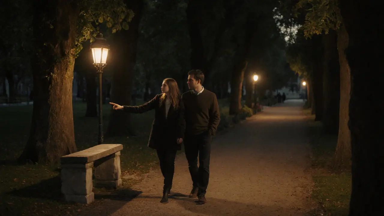 A couple walks peacefully through Luxembourg Gardens at dusk, sharing a quiet moment under the trees.