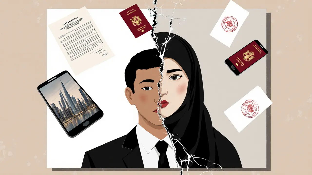 A cracked mirror reflects two fragmented faces amid legal documents and broken phones, symbolizing hidden risks.