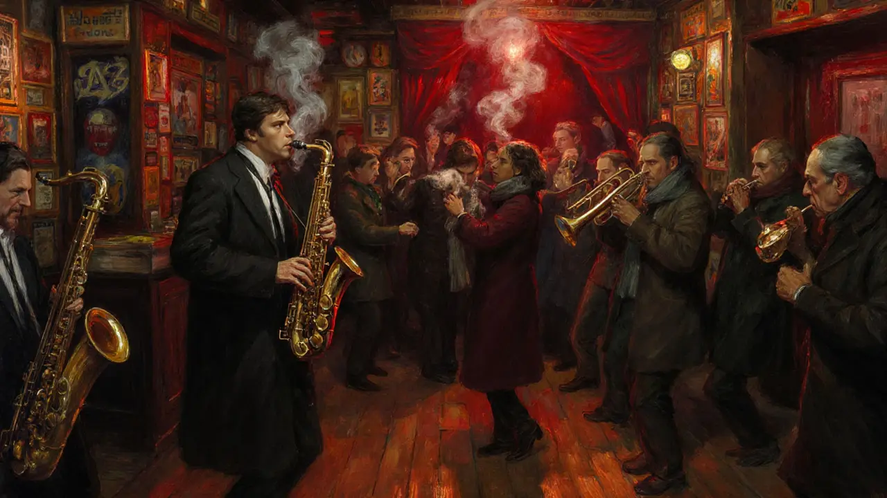 A crowded jazz club basement with musicians playing live, patrons dancing under red lighting.