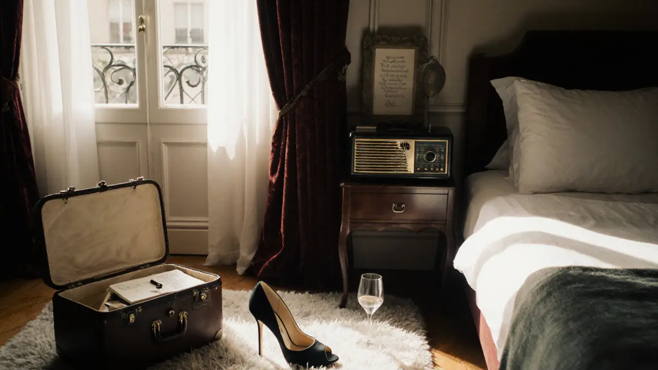 A dawn-lit hotel room in Paris holds only a shoe, a wine glass, and a notebook—evidence of a fleeting, respectful encounter.