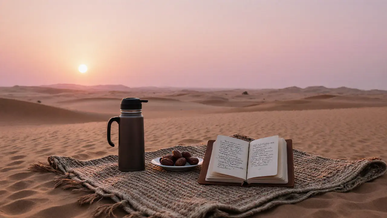 A desert sunrise with coffee, dates, and an open notebook on a blanket, no people present.