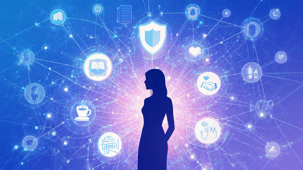 A digital map of Milan with abstract connections between companionship symbols—coffee, books, voice waves, and a shield.